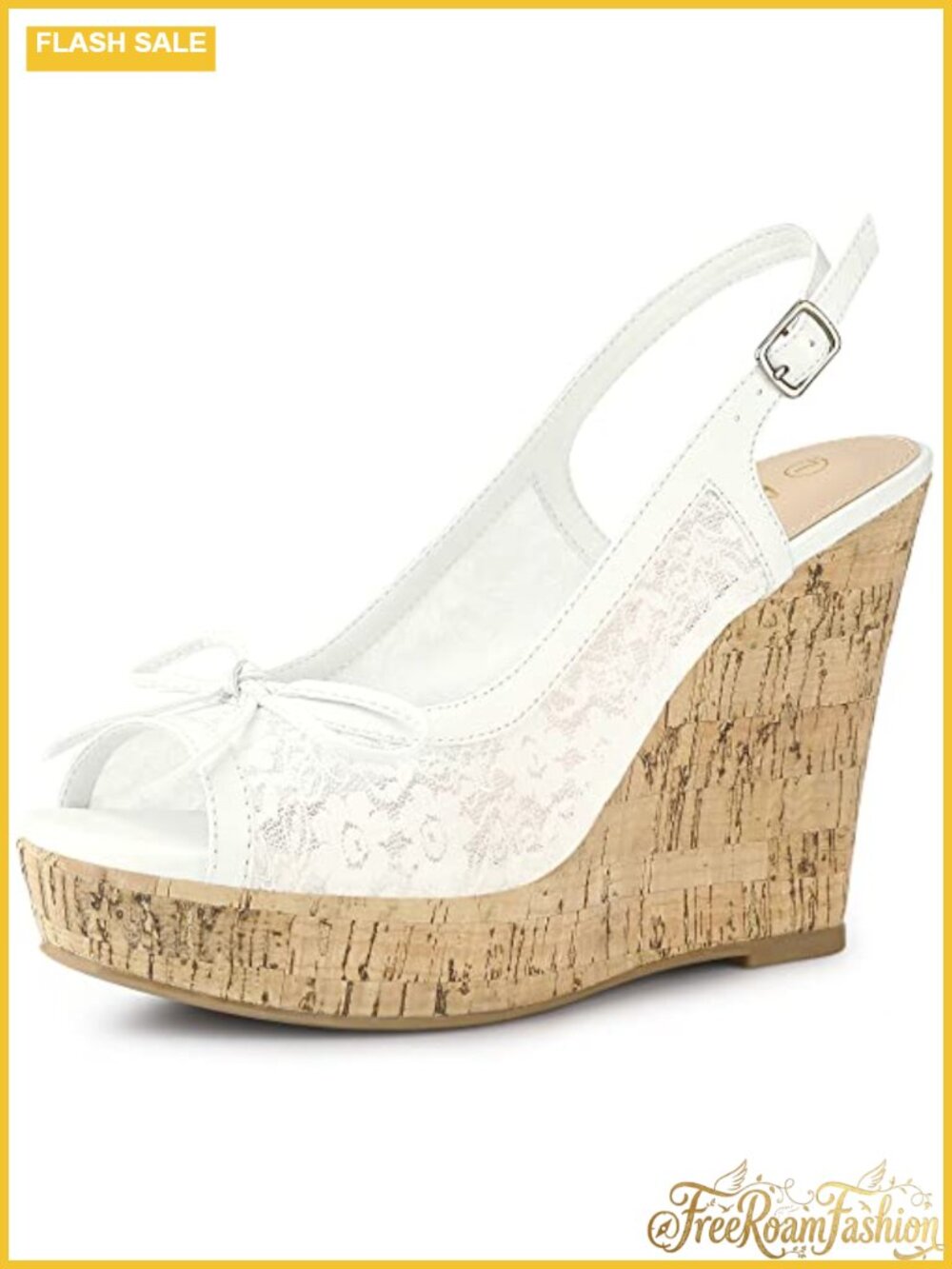 Lace Platform Wedge Sandals Open Toe Slingback Bow Wood Heel
